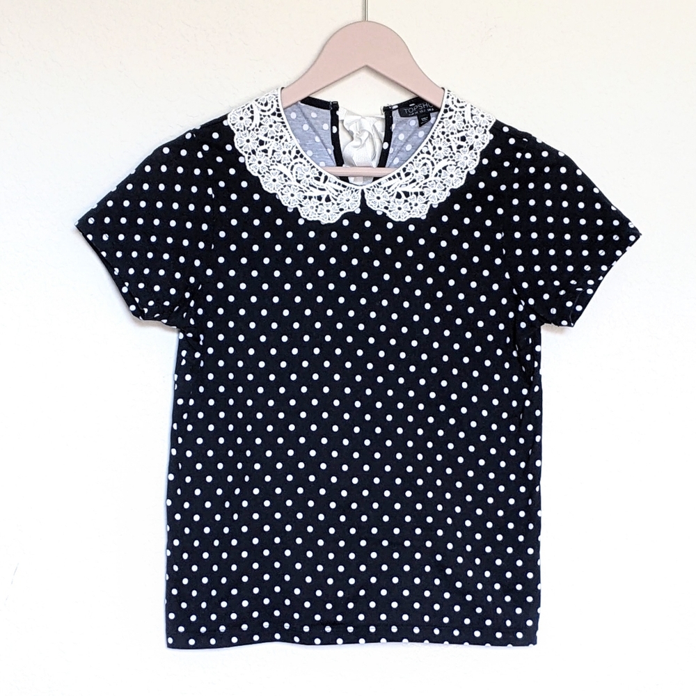 topshop black and white polka dot top with lace collar